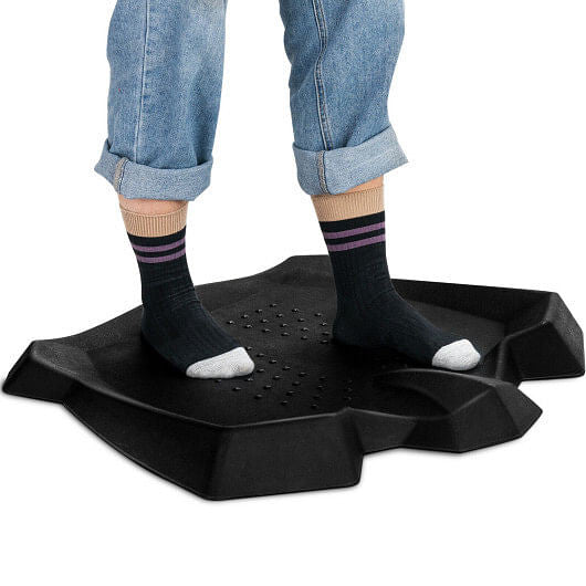 Black portable anti-fatigue standing desk mat with diverse terrain and built-in ergonomic massage pressure points