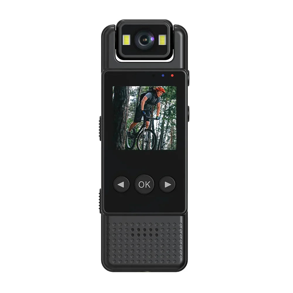 Black 1080P mini body camera with a 180-degree rotatable lens and digital display screen.