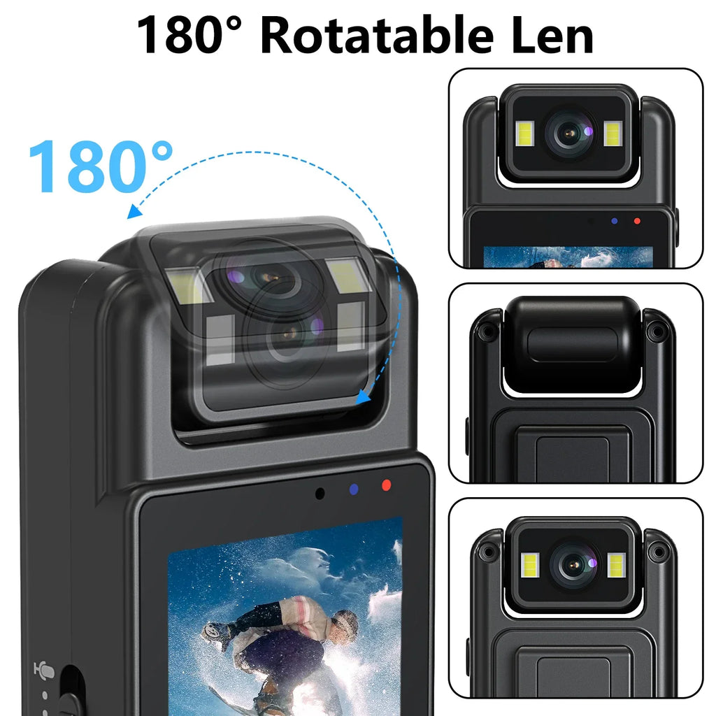 Black 1080P mini body camera with a 180-degree rotatable lens and digital display screen. — view 4