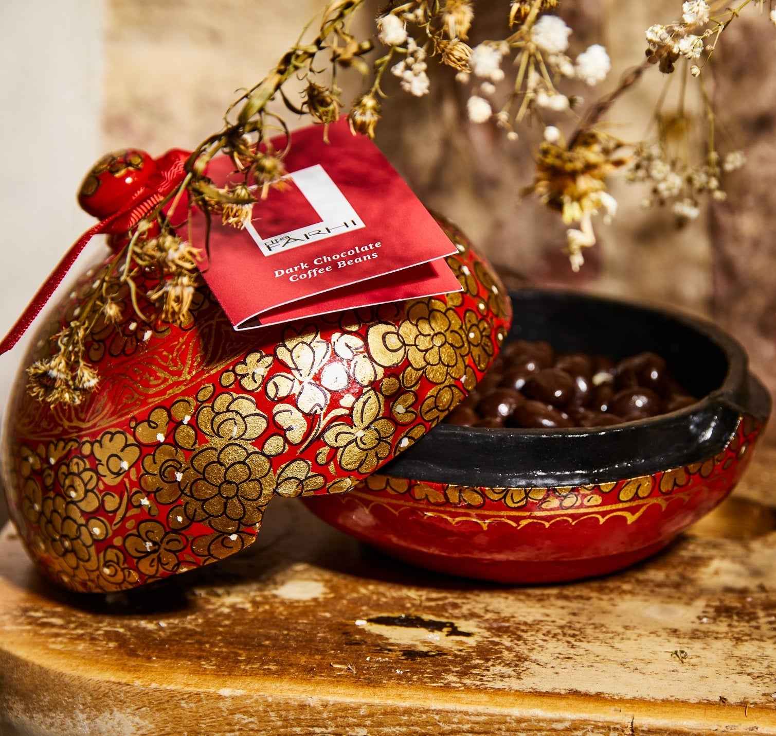 Hand-painted papier mâché bonbonnière filled with dark chocolate coated roasted coffee beans — view 2