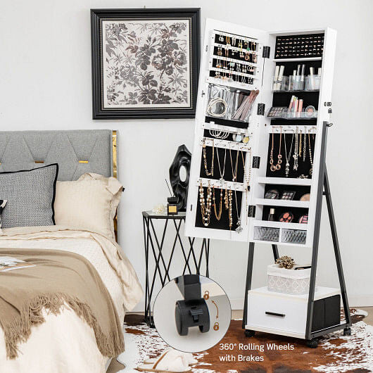 White rolling jewelry cabinet with full length mirror and secure lock on a steel frame — view 2
