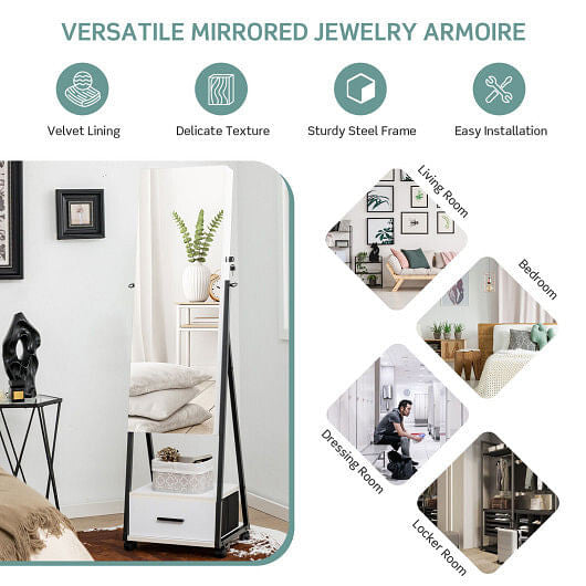 White rolling jewelry cabinet with full length mirror and secure lock on a steel frame — view 4
