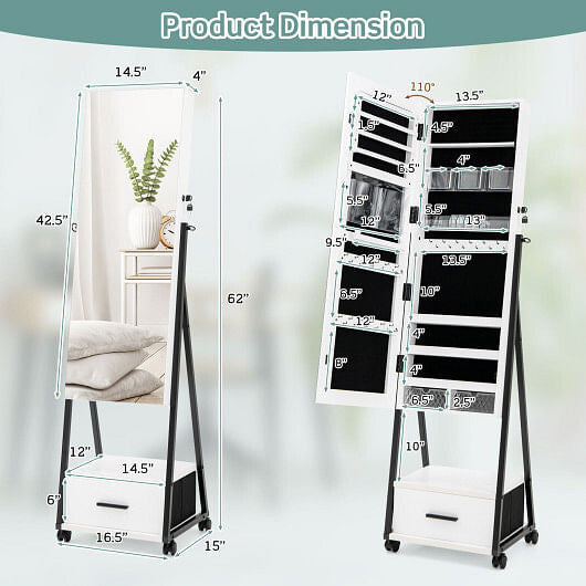 White rolling jewelry cabinet with full length mirror and secure lock on a steel frame — view 5