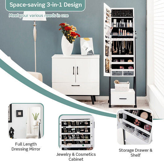 White rolling jewelry cabinet with full length mirror and secure lock on a steel frame — view 3