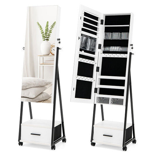 White rolling jewelry cabinet with full length mirror and secure lock on a steel frame