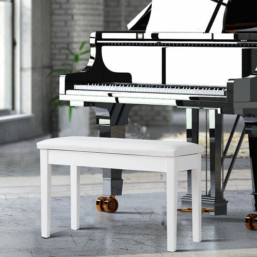 Black solid wood piano bench with padded PU leather seat and internal storage compartment.