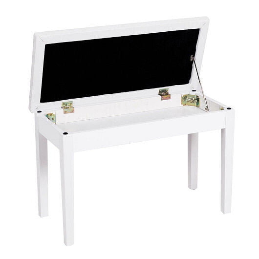 Black solid wood piano bench with padded PU leather seat and internal storage compartment. — view 4