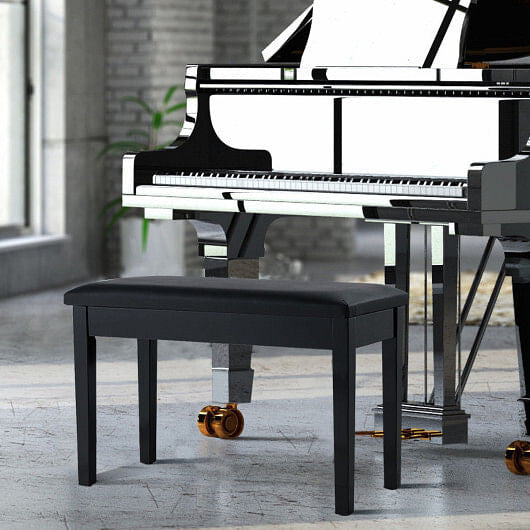 Black solid wood piano bench with padded PU leather seat and internal storage compartment. — view 6