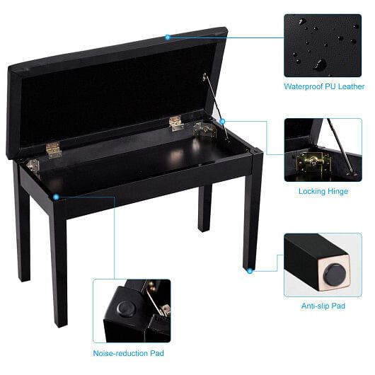 Black solid wood piano bench with padded PU leather seat and internal storage compartment. — view 7