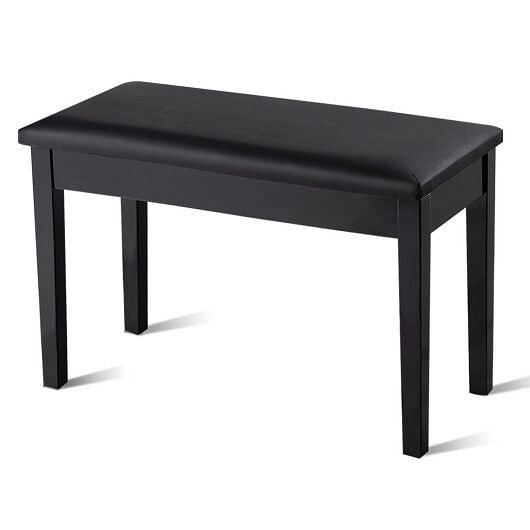 Black solid wood piano bench with padded PU leather seat and internal storage compartment. — view 8