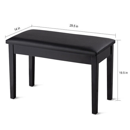 Black solid wood piano bench with padded PU leather seat and internal storage compartment. — view 9