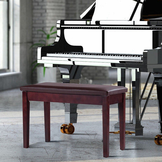 Black solid wood piano bench with padded PU leather seat and internal storage compartment. — view 11