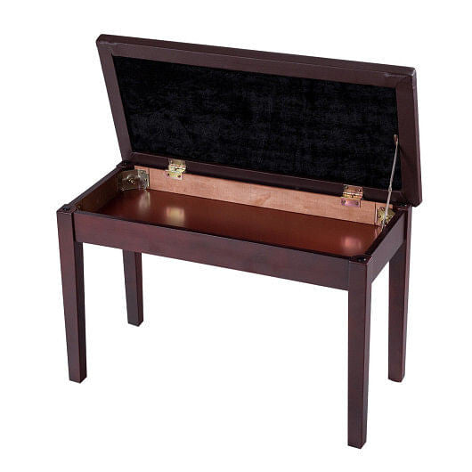 Black solid wood piano bench with padded PU leather seat and internal storage compartment. — view 14