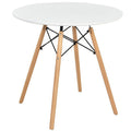 White round modern dining table with solid beech wood legs on a clean hardwood floor