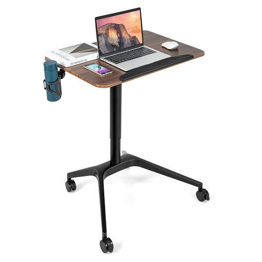 Pneumatic standing desk with an adjustable tilting top, lockable wheels, and a side cup holder — view 3