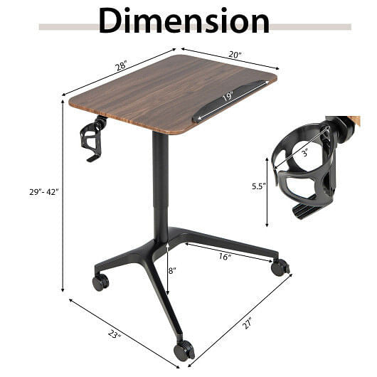 Pneumatic standing desk with an adjustable tilting top, lockable wheels, and a side cup holder — view 4