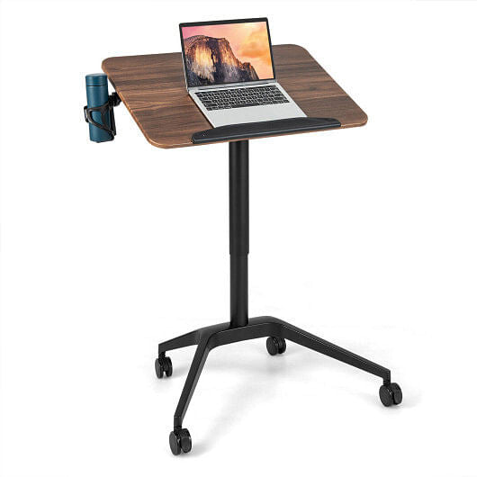 Pneumatic standing desk with an adjustable tilting top, lockable wheels, and a side cup holder — view 5