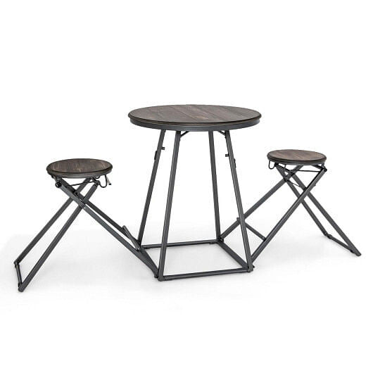 Three piece gray round dining table set with two foldable stools stored underneath