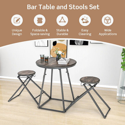Three piece gray round dining table set with two foldable stools stored underneath — view 3