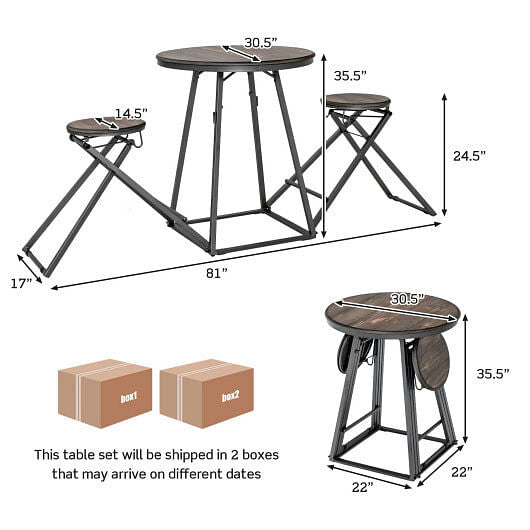 Three piece gray round dining table set with two foldable stools stored underneath — view 4