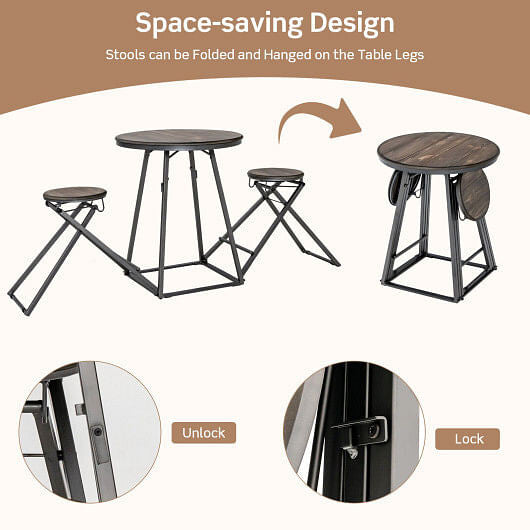 Three piece gray round dining table set with two foldable stools stored underneath — view 5