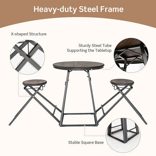 Three piece gray round dining table set with two foldable stools stored underneath — view 6