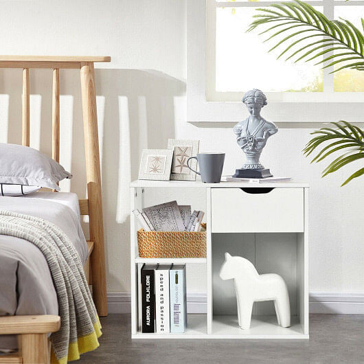 3-tier side table with storage drawer and open shelves in a modern living room setting. — view 3