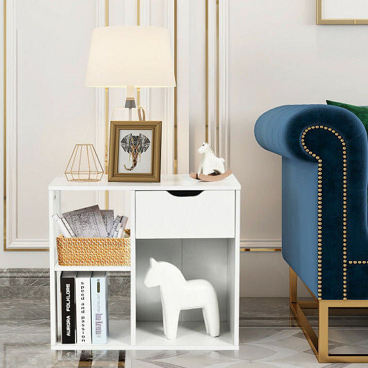 3-tier side table with storage drawer and open shelves in a modern living room setting. — view 5