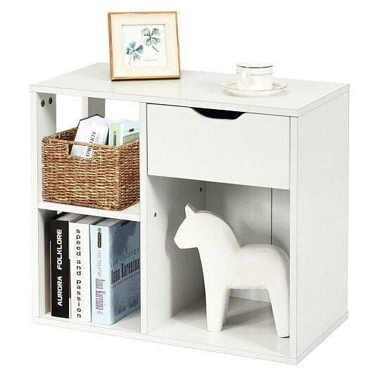 3-tier side table with storage drawer and open shelves in a modern living room setting. — view 6