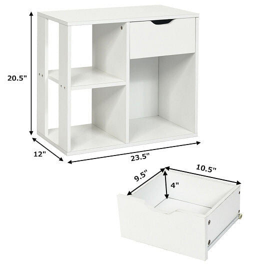 3-tier side table with storage drawer and open shelves in a modern living room setting. — view 4
