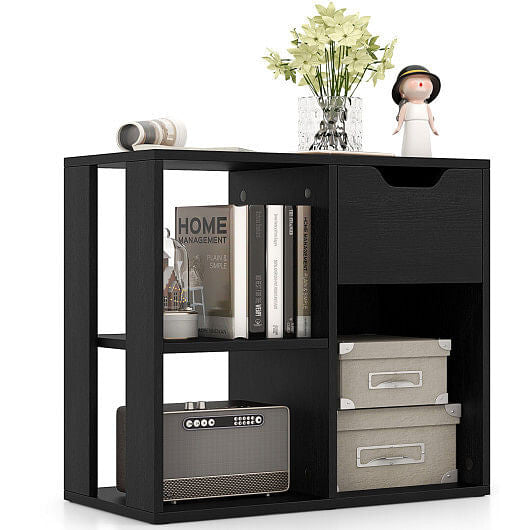 3-tier side table with storage drawer and open shelves in a modern living room setting. — view 2
