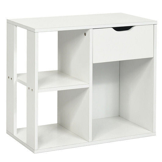 3-tier side table with storage drawer and open shelves in a modern living room setting.