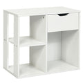 3-tier side table with storage drawer and open shelves in a modern living room setting.