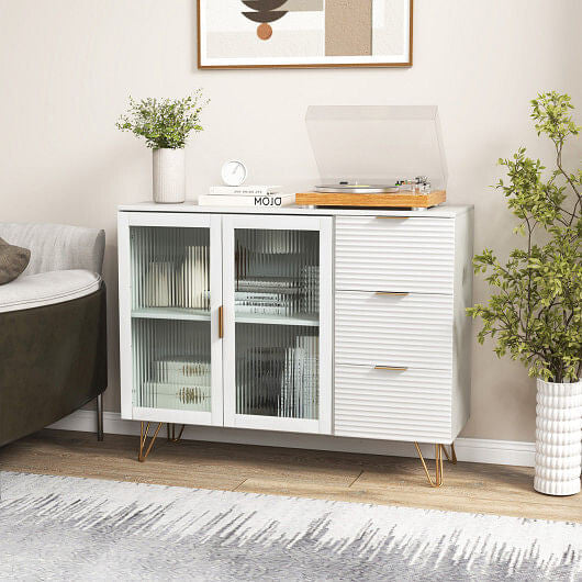 Modern white sideboard buffet cabinet with gold metal legs, glass doors, and three storage drawers