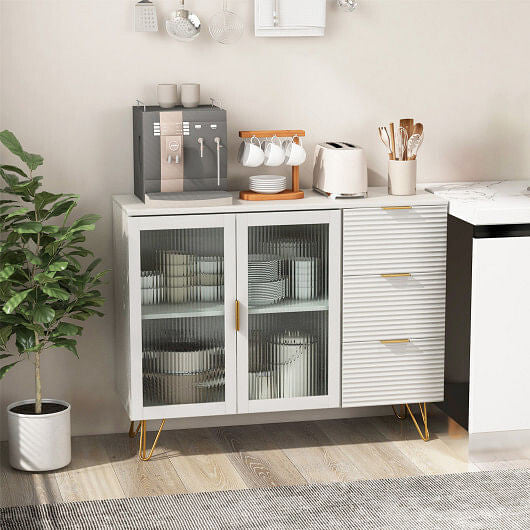Modern white sideboard buffet cabinet with gold metal legs, glass doors, and three storage drawers — view 2