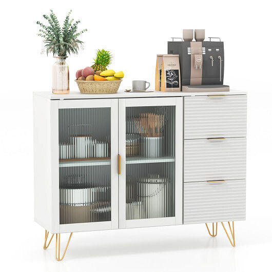 Modern white sideboard buffet cabinet with gold metal legs, glass doors, and three storage drawers — view 3