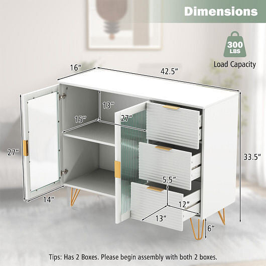 Modern white sideboard buffet cabinet with gold metal legs, glass doors, and three storage drawers — view 4