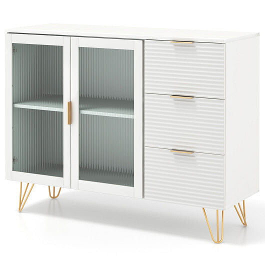 Modern white sideboard buffet cabinet with gold metal legs, glass doors, and three storage drawers — view 5