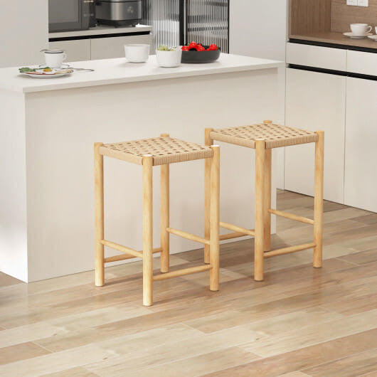26 inch natural rubber wood dining bar stool set of two with woven paper rope seat