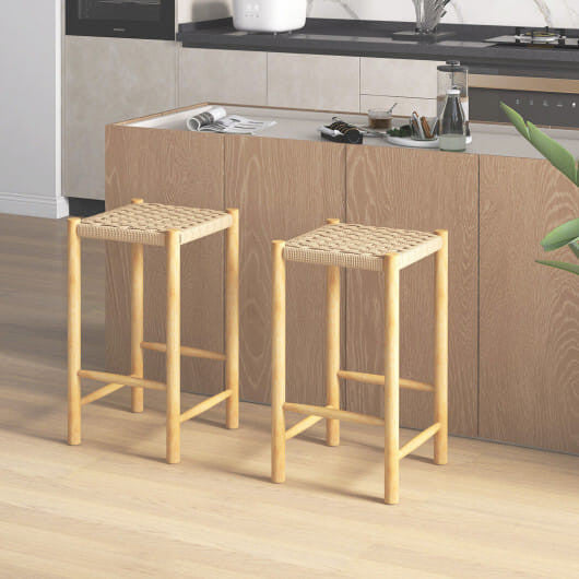 26 inch natural rubber wood dining bar stool set of two with woven paper rope seat — view 2