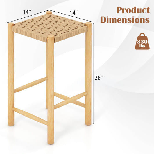 26 inch natural rubber wood dining bar stool set of two with woven paper rope seat — view 3