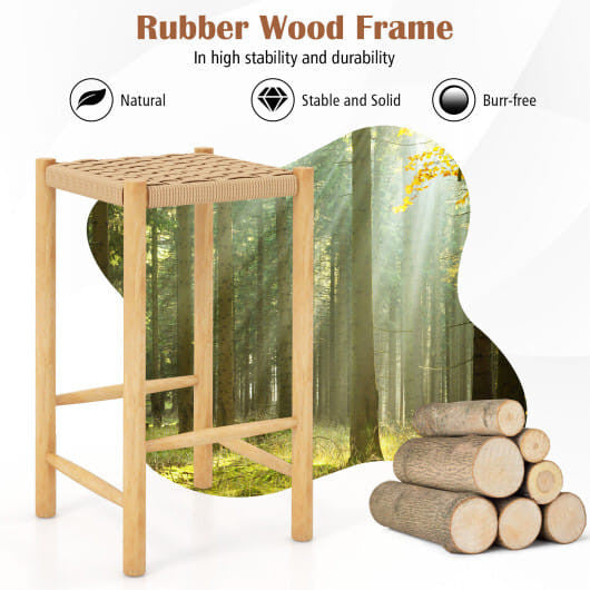 26 inch natural rubber wood dining bar stool set of two with woven paper rope seat — view 4