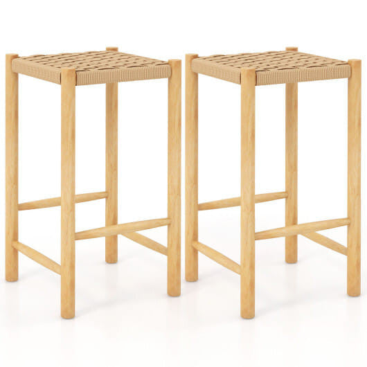 26 inch natural rubber wood dining bar stool set of two with woven paper rope seat — view 5