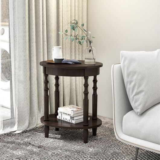 2-tier oval side table in espresso with solid rubberwood legs and lower storage shelf