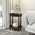 2-tier oval side table in espresso with solid rubberwood legs and lower storage shelf
