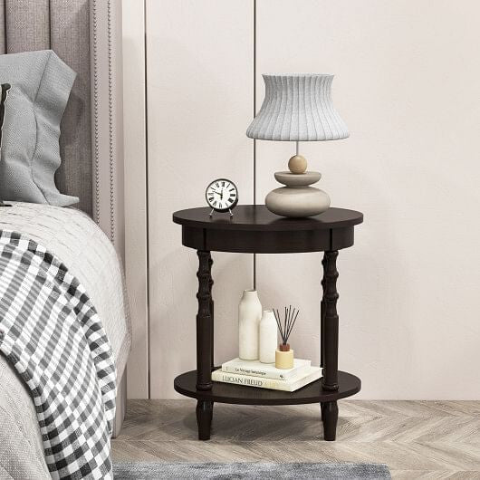 2-tier oval side table in espresso with solid rubberwood legs and lower storage shelf — view 2