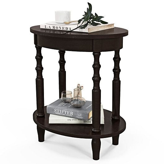2-tier oval side table in espresso with solid rubberwood legs and lower storage shelf — view 3