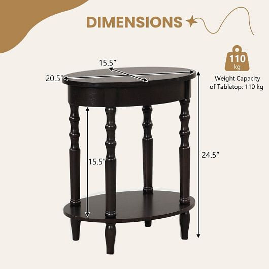 2-tier oval side table in espresso with solid rubberwood legs and lower storage shelf — view 4