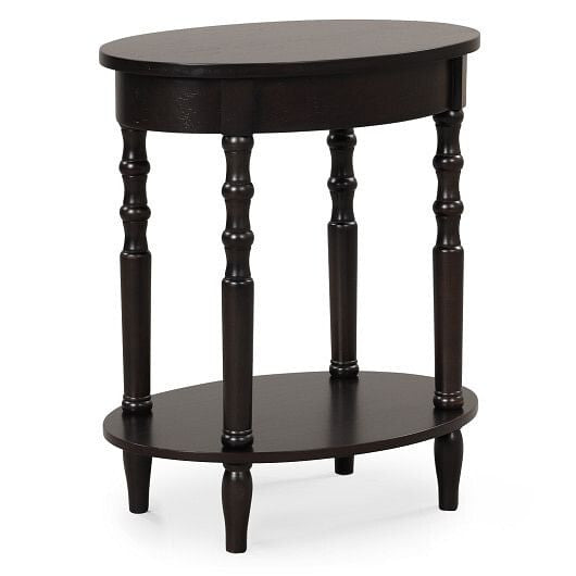 2-tier oval side table in espresso with solid rubberwood legs and lower storage shelf — view 10
