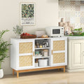 White 48-inch wooden sideboard buffet cabinet featuring two woven bamboo doors and open storage shelves